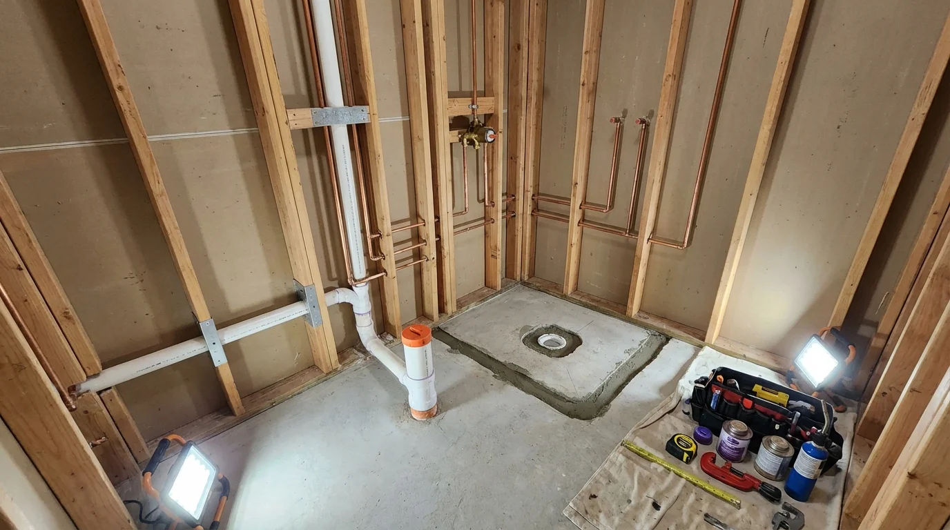Bathroom rough-in plumbing during remodel by Johns Plumbing LLC in Kitty Hawk