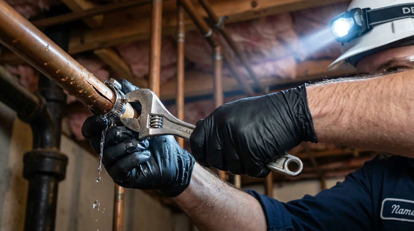 Emergency pipe clamp repair being performed by a Johns Plumbing LLC plumber in Kitty Hawk