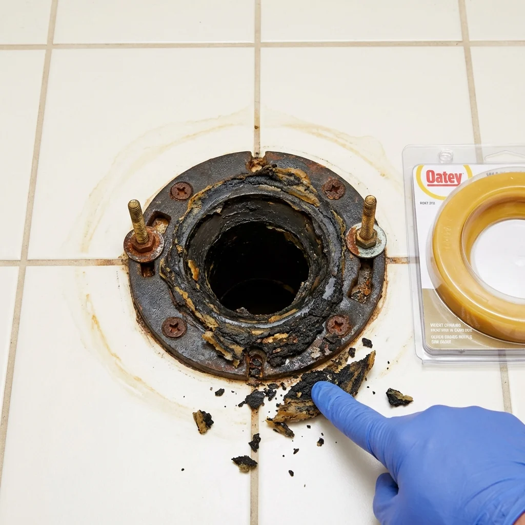 Failed wax ring showing water seepage at the base of a toilet in a Kitty Hawk, NC home
